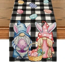 Buffalo Plaid Bunny Gnomes Eggs Easter Table Runner, Spring Summer Seasonal Holiday Kitchen Dining Table Decor For Indoor Outdoor Home Party Decoration 13 X 72 Inch