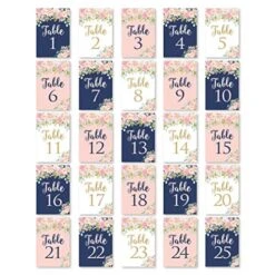 1-25 Navy Blush Floral Table Number Double Sided Signs For Wedding Reception, Restaurant, Birthday Event, Calligraphy Printed Numbered Card Centerpiece Decoration Setting Reusable Frame Stand 4x6 Size