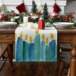 Watercolor Candle Happy Hanukkah Table Runner, Jewish Menorah Chanukah Holiday Kitchen Dining Table Decoration For Indoor Outdoor Home Party Decor 13 X 72 Inch