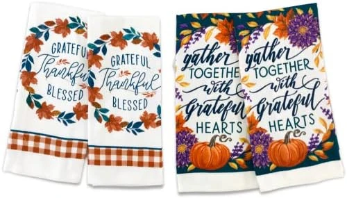 Farmhouse Fall Kitchen Towels: Natural Autumn Colored Falling Leaves And Acorns And Plaid With Pumpkin Applique, Cotton Flat Weave - Image 7