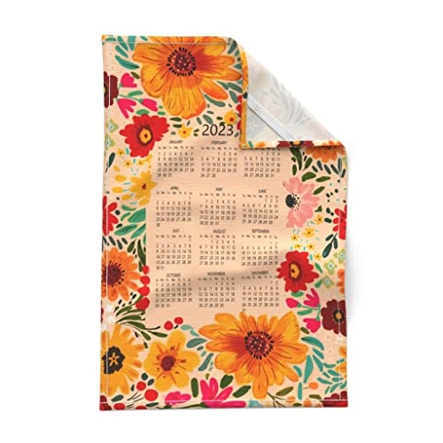 Spoonflower Printed Tea Towel, Linen Cotton Canvas - 2023 Calendar Flower Garden Floral Nature Art Spring Summer Watercolor Print Decorative Kitchen Towel