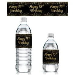 Black And Gold 75th Birthday Party Water Bottle Labels - 24 Stickers