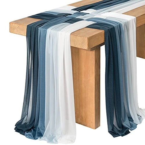 10ft Wedding Weave Table Runner For Sweetheart Table (Set Of 8, White & Navy Blue)