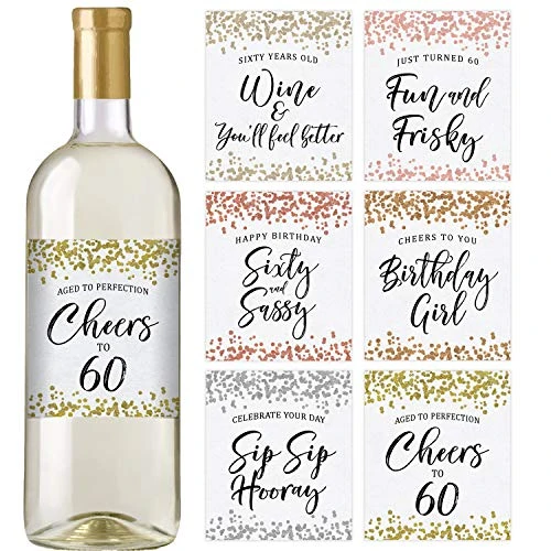Printed Party 60th Birthday Wine Bottle Labels, Confetti, Set Of 6
