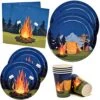 Camping Adventure Party Supplies Tableware Set 24 9" Paper Plates 24 7" Plate 24 9 Oz Cup 50 Lunch Napkin For Camp Out Campfire Forest Nature Hiking Camper Themed Disposable Birthday Baby Shower Decor