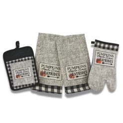 Farmhouse Black White Check Kitchen Towels And Pot Holder Set: Country Pumpkin Apple Cider And Hayrides Invitation, 2 Woven Faux Burlap Towels With Matching 1 Pot Holder And 1 Oven Mitt