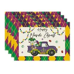 Happy Mardi Gras Gnomes Truck Carnival Placemats For Dining Table, 12 X 18 Inch Seasonal Holiday Rustic Vintage Washable Table Mats Set Of 4