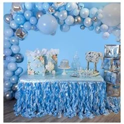Blue 6Ft Tutu Table Skirt For Parties With Double Layer Of Satin And Sequin Willows For Party Decorations, Baby Shower, Gender Reveal Party, Birthday Party, Dessert Table Or Frozen Party