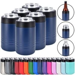 - 12 Oz Stainless Steel Double Wall Vacuum Insulated Can Or Bottle Beverage Cooler - Powder Coated Navy Blue - 6 Pack