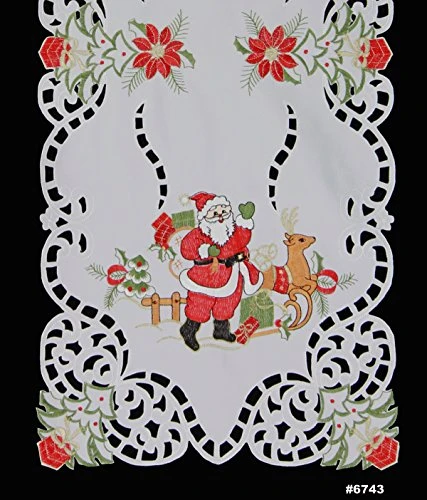 Holiday Christmas Embroidered Santa Reindeer Poinsettia Table Runner 15x69 White - Image 2