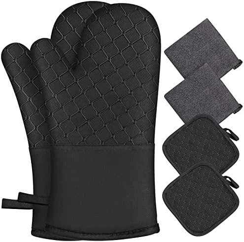 6Pcs Oven Mitts And Pot Holders, Oven Glove Heat Resistant 500β With Kitchen Towels Kitchen Mitts And Pot Holder Soft Cotton Lining And Non-Slip Silicone Surface For Baking, Cooking, BBQ(Grey) - Image 3