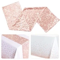 OUGOLD 2Pcs 12x108inch Disposable Rectangular Tablecloth Rose Gold Set Sequins Table Runners And 54x108inch Table Cloths Plastic Table Runner For Rose Gold Party Decorations (A-Rose Gold)