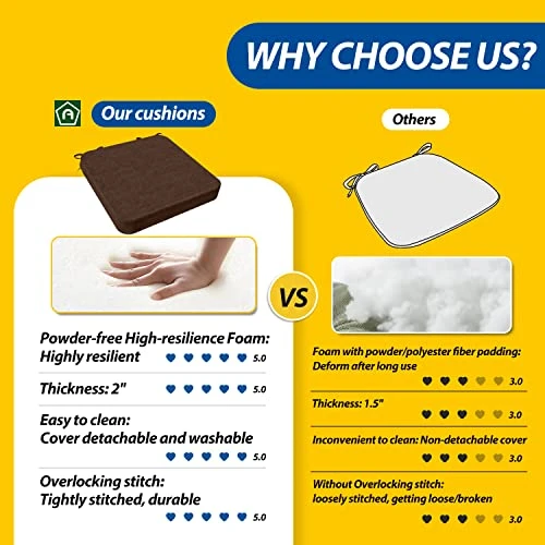 Square Chair Cushions For Dining Chairs With Ties And Removable Cover, 2" Thick Dining Kitchen Chair Pads, Indoor Dining Room Chair Cushions, 16" X 16", Brown - Image 3