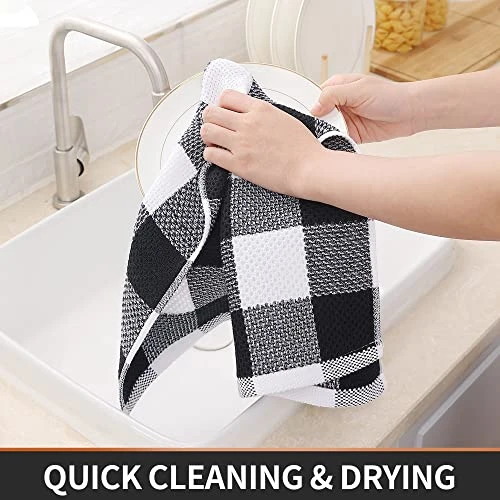 100% Cotton Waffle Weave Check Plaid Kitchen Towels, 13 X 28 Inches, Super Soft And Absorbent Dish Towels For Drying Dishes, 4-Pack, White & Black - Image 2