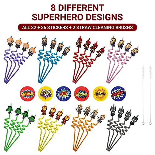 32Pcs Superhero Straws For Avenger Party Favor - 32Pcs Reusable Drinking Straws With 8 Designs+36 Stickers+2 Brushes. Perfect For Superhero Party Supplies, Great For Avenger Themed Party - Image 2
