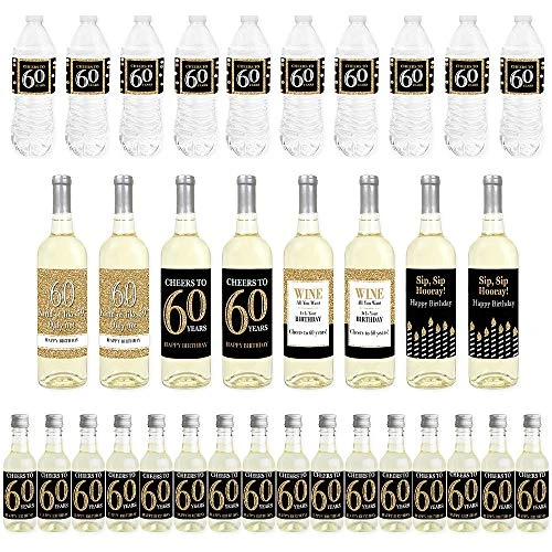 Big Dot Of Happiness Adult 60th Birthday - Gold - Mini Wine Bottle Labels, Wine Bottle Labels And Water Bottle Labels - Birthday Party Decorations - Beverage Bar Kit - 34 Pieces