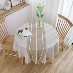 Table Cloth Tassel Cotton Linen Table Cover For Kitchen Dinning Wrinkle Free Table Cloths (Coffee, 60in Round)