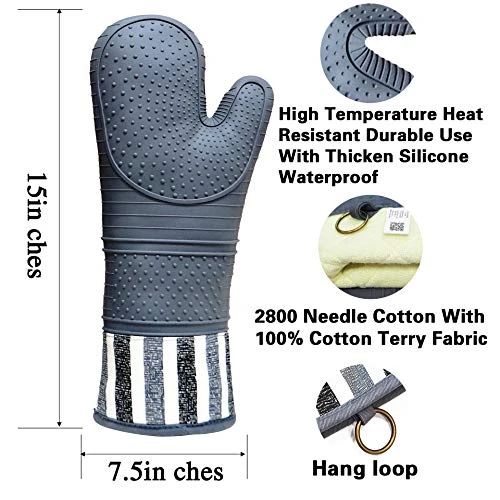 Heat Resistant 550 Degree Oven Mitt, Silicone Oven Hot Mitts - 1 Pair, Extra Long Professional Baking Oven Gloves - Food Safe,Pot Holders Cooking,Grilling,Kitchen (Grey Mittens) - Image 2