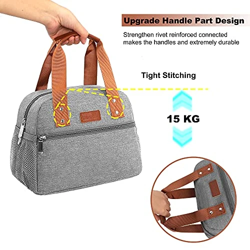 Lunch Bag For Women Freezable Lunch Tote Bag Organizer Reusable Cooler Lunch Box For Adult Outdoor Work,School And Picnic Insulated Lunch Bag With Pocket (Gray) - Image 5