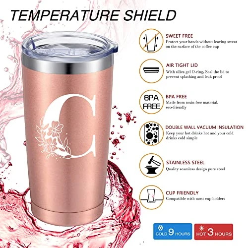 Personalized Initial Mug Tumbler 20oz, Monogrammed Travel Mug With Gift Box For Wedding Birthday Graduation Party, Birthday Christmas Gifts For Women Mom Sisters Teacher Coworker (C) - Image 5