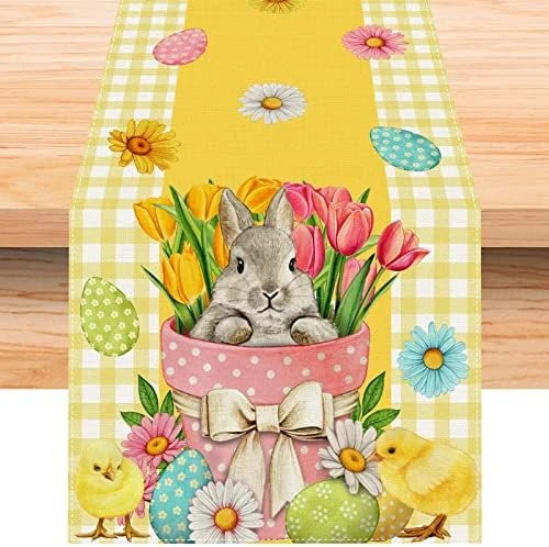 Linen Pink And White Buffalo Check Plaid Easter Table Runner 72 Inches Long Easter Egg Bunny Chick Daisy Tulip Floral Table Decor Spring Summer Easter Home Kitchen Dining Room Table Decorations - Image 10