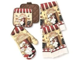 Italian Chef Decor 5 Piece Printed Kitchen Linen Set Includes 2 Towels 2 Pot Holders 1 Oven Mitt