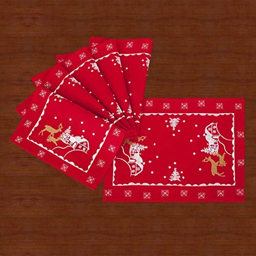 Embroidered Reindeer Table Place-mats For Christmas Holidays (Red, 12 × 18 Inches Set Of 6) - Image 3