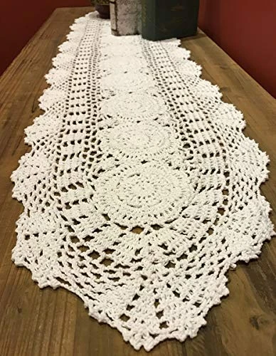 Janef White Handmade Crochet Cotton Table Runner Lace Doilies Doily Oval Dresser Scarves,11.8 By 35 Inches. - Image 5