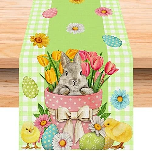 Linen Pink And White Buffalo Check Plaid Easter Table Runner 72 Inches Long Easter Egg Bunny Chick Daisy Tulip Floral Table Decor Spring Summer Easter Home Kitchen Dining Room Table Decorations - Image 6