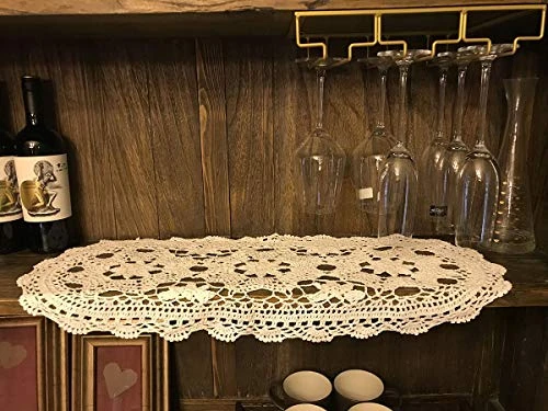 Janef Beige Handmade Crochet Cotton Table Runner Lace Doilies Doily Oval Dresser Scarves,12 By 28 Inches. - Image 2