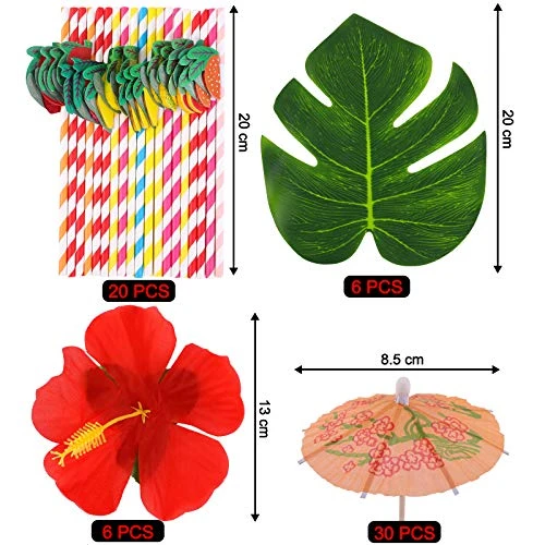 Elcoho Hawaiian Party Decorations Set Tropical Luau Grass Table Skirt With Hawaiian Garlands 3D Paper Straws Hawaiian Flowers And Palm Leaves For Tropical Luau Party Decorations - Image 3