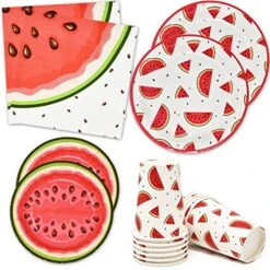 Watermelon Party Supplies Tableware Set 24 9" Plates 24 7" Plate 24 9 Oz. Cups 50 Lunch Napkins Pink Green Melon Fruit Slice Disposable Paper Goods For Summer Picnic Baby Shower & Birthday Party Decor