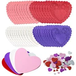 Valentine Day 248 Pcs Heart Doilies Craft Gift Set With 200 Pcs Heart Paper Doilies 48 Pcs Foam Hearts And 4 Bags Of Glitter Foam Heart Stickers For Valentine's Day Party Tableware Decoration