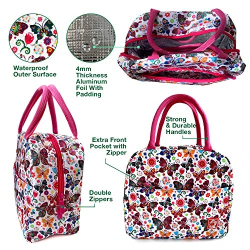 Waterproof Insulated Reusable Lunch Bag Food Drinks Container With Front Padded Pocket Double Zippers For Kids Men Women Work School Picnic Butterflies - Image 2