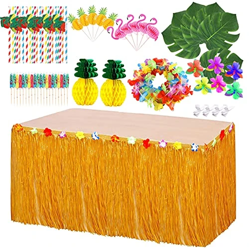 KEYIDO Hawaiian Luau Party Decorations Hawaiian Grass Table Skirt Set For Tropical Party Tiki Summer Theme Decorations Supplies(Brown)