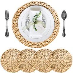 Boho Placemats Set Of 4, Round Placemats For Dining Table, Water Hyacinth Wicker Placemats, Straw Placemats, Round Woven Placemats Set Of 4, Placemats For Dining Table Set Of 4 | 13.4 In