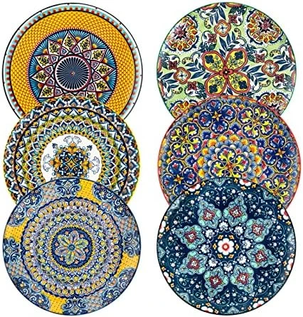 Ceramic Salad Dinner Plate 8.7 Inch, Colorful Plates Set Of 6 For Dessert, Appetizer, Snacks - Porcelain Serving Dishes For Thanksgiving & Christmas, Dinnerware Set - Bohemian Style - Image 6