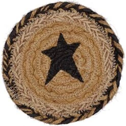 Kettle Grove Jute Stencil Star Coaster Set Of 6 Primitive Country Patchwork Kitchen Tabletop Design, Caramel Brown