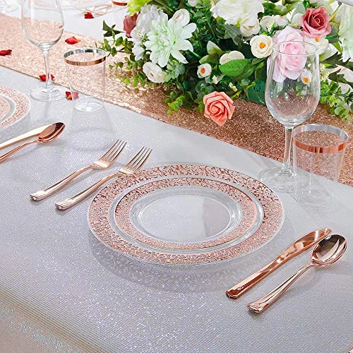 00000 150 Pcs Rose Gold Plastic Plates & Silverware & Disposable Cups, Laced Design Includes 25 Dinner Plates 10.25" 25 Dessert Plates 7.5" 25 Tumblers 25 Forks 25 Knives 25 Spoons For Party - Image 2