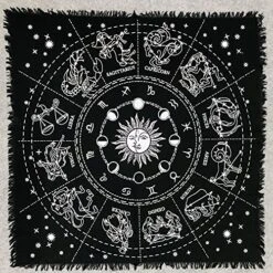 Ltar Cloth Tarot Cards Table Napkins Witchcraft Supplies Black Gold Tablecloth Square Alter Pagan Spiritual Celestial Deck Cloth With Fringes, Zodiac Circle Horoscope Signs, 36x36 In