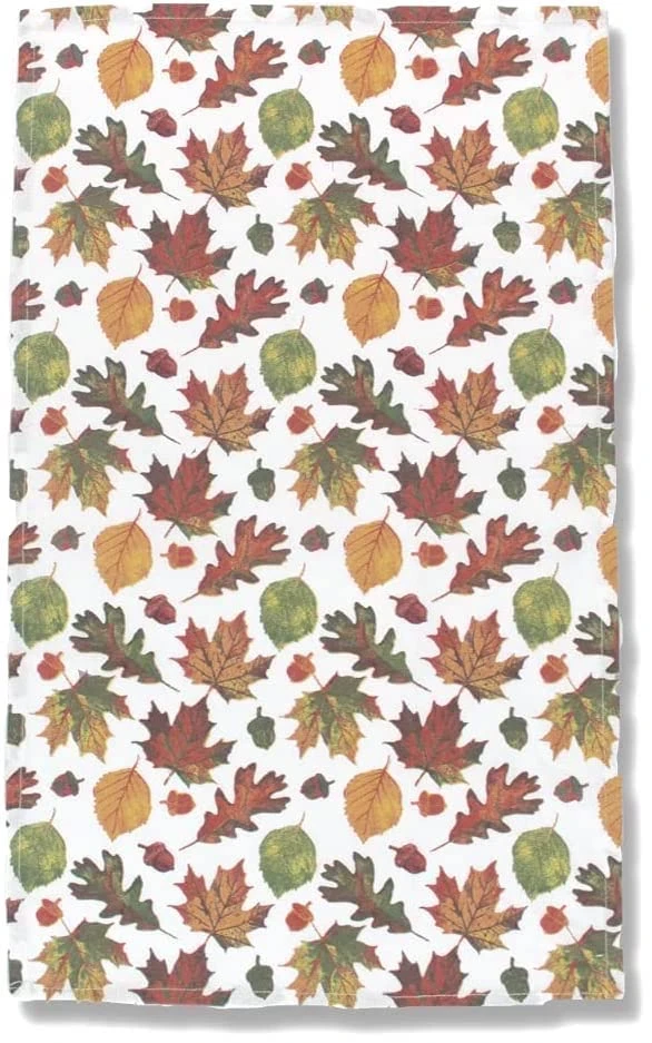 Farmhouse Fall Kitchen Towels: Natural Autumn Colored Falling Leaves And Acorns And Plaid With Pumpkin Applique, Cotton Flat Weave - Image 3