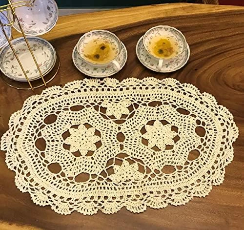 Janef Beige Handmade Crochet Cotton Table Runner Lace Doilies Doily Oval Dresser Scarves,12 By 28 Inches. - Image 12