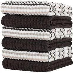 Kitchen Towels, 15 X 26 Inches, Pack Of 6, 400 GSM, 100% Ring Spun Cotton, Solid & Stripe Beige Dish Towels Super Soft And Absorbent, Tea Towels And Bar Towels