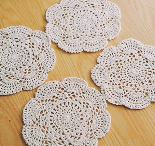 8 Inch Doilies Crochet Round Lace Doily Handmade Placemats 100% Cotton Crocheted Coasters, Pack Of 4 (Beige) - Image 6
