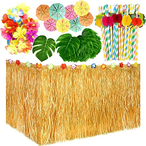 149 Pcs Hawaiian Tropical Party Decoration Set With 9ft Hawaiian Grass Table Skirt, Tropical Leaves, Hawaiian Flowers, Umbrella Picks And Fruit Straws For Jungle Beach Aloha Theme Luau Party