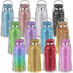 12 PCS Diamond Water Bottle Bulk Stainless Steel Insulated Water Bottle With Chain Bling Rhinestone Refillable Thermal Bottle Glitter Diamond Cup For Women Girls Gifts, 12 Colors (17 Oz)