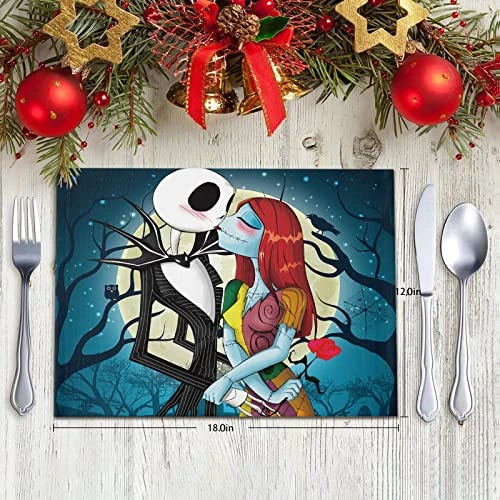 4Pcs Christmas Placemats, Skellington Jack And Sally Placemats, Heat Resistant Washable Table Place Mats For Kitchen Dining Table, Nightmare Before Christmas Decorations And Supplies Dinner Table Mats - Image 3