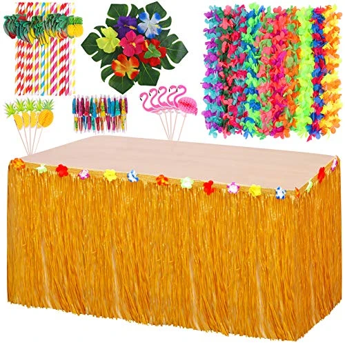 Elcoho Hawaiian Party Decorations Set Tropical Luau Grass Table Skirt With Hawaiian Garlands 3D Paper Straws Hawaiian Flowers And Palm Leaves For Tropical Luau Party Decorations
