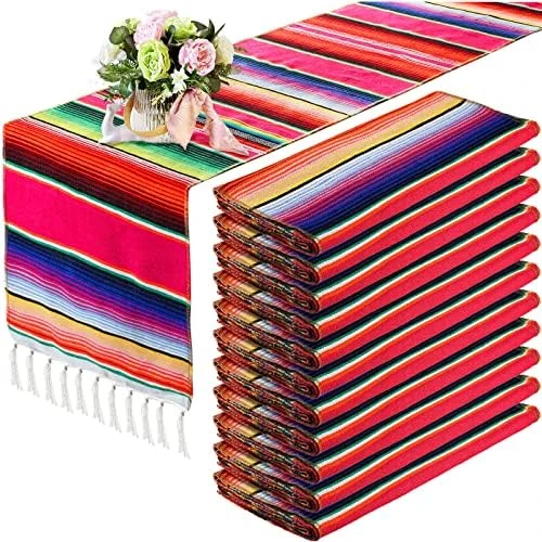12 Pcs Mexican Serape Table Runner Mexican Party Table Blanket Serape Colorful Striped Runner Fringe Cotton Table Runner Decoration For Cinco De Mayo Fiesta Party Wedding 14 X 84 Inch (Classic Style) - Image 9