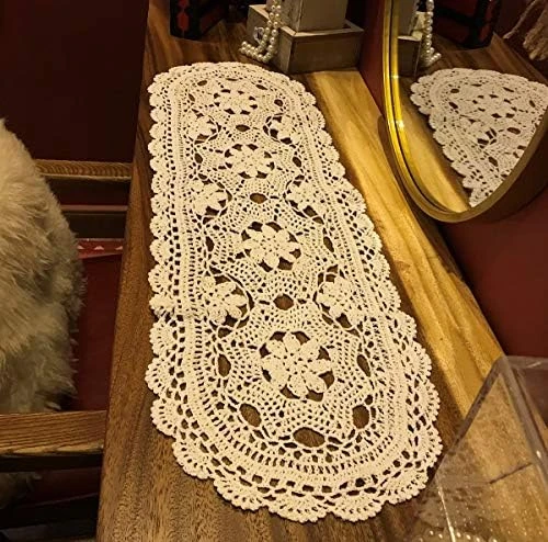 Janef Beige Handmade Crochet Cotton Table Runner Lace Doilies Doily Oval Dresser Scarves,12 By 28 Inches. - Image 8